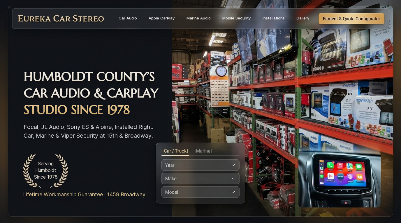 Website concept for Eureka Car Stereo: Humboldt County's car audio and CarPlay studio since 1978, with a year, make and model fitment form